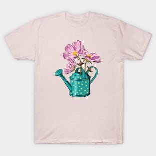 Pink cosmos flowers in a watering can T-Shirt